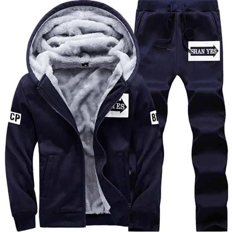 Winter Men's Set Warm Hoodie+pants Outdoor Suit Casual Tracksuit Thick ...