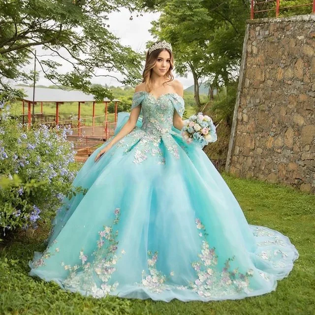 Mumuleo Mexican Sage Green Quinceanera Dresses Handmade 3D Floral Applique Birthday Princess Formal Ball Gowns Vestidos XV Anos