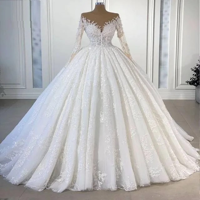 New Arrival Luxury Princess Wedding Dress Long Sleeve Beaded Pearl Ball ...