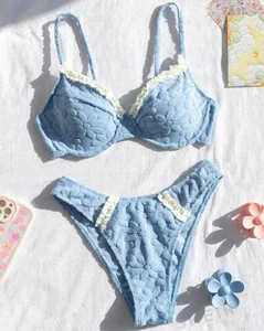 Designer Custom Women High Waist Underwire Jacquard Lace Side Solid Striped/Print Eco-Friendly Two Piece Crush Bikini Sets