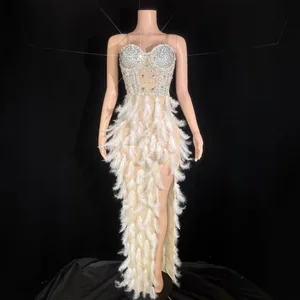 2025 Women Sexy Sparkly Rhinestone Mesh Feather Long Dress Celebrate Birthday Performance Costume Elegant Evening Party Dress