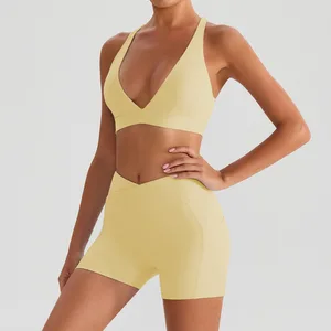 Custom Logo Women's Sports Bra Short Sleeve T-shirt Hanging Neck Vest Bra Set Pocket Running Yoga Clothes Long Shorts