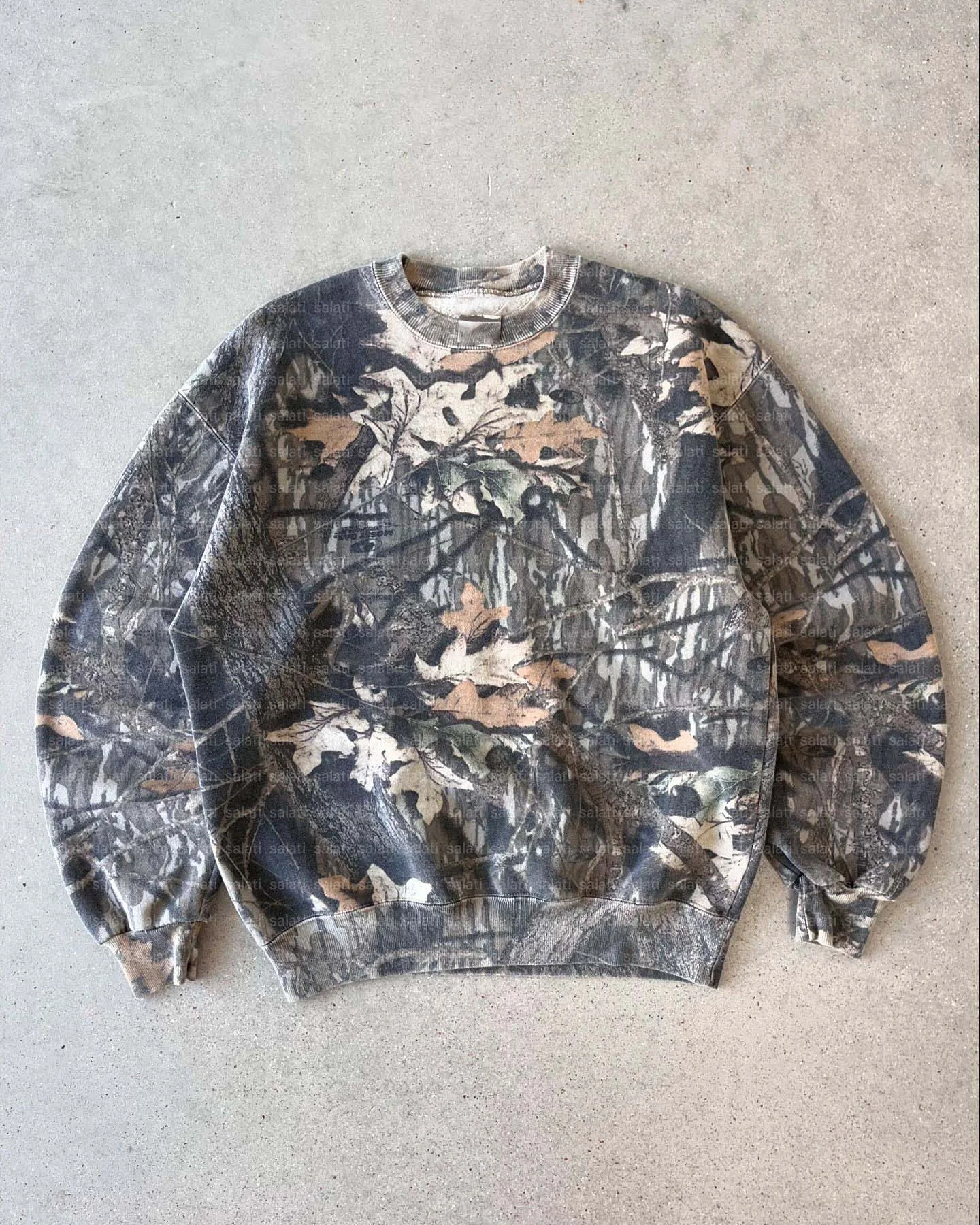 Salati Hunting Drop Shoulder Cotton Vintage Acid Wash Oversized Real Tree Print Camo Camouflage Hoodie Crewneck Men's Sweatshirt