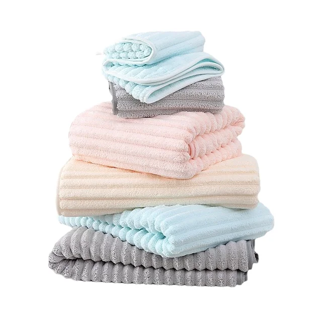 Beauty- Specific Double-Sided Three-Dimensional Striped Coral Velvet Bath Towel Durable Absorbent with Wrapped Edges Face Wash