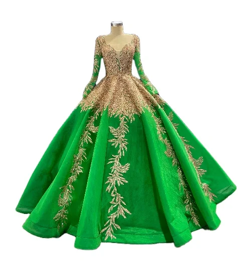Feishiluo Luxury Green Sequin Lace Bridal Ball Gown Modern Wedding Dress  Long Sleeves Floor Length Features Embroidery Appliques