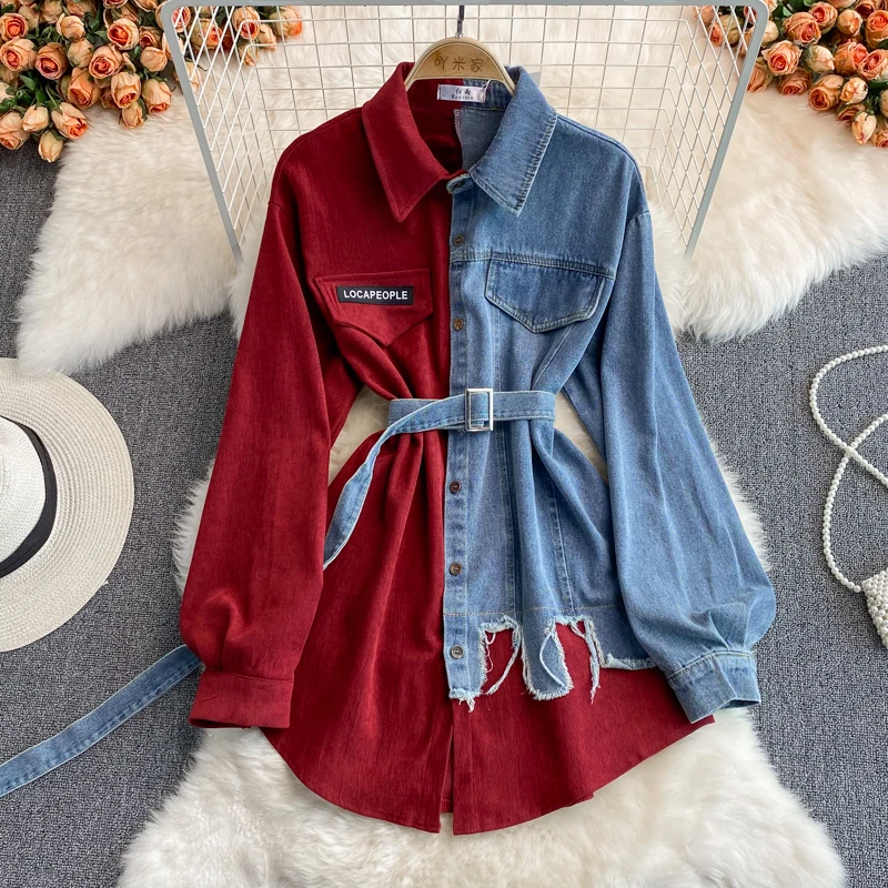Fashion Splicing Lapel Dress New Korean Style Asymmetric Women Long Jeans  Denim Top Shirt Ladies' Blouses