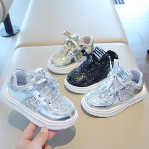 Korean Style Spring Autumn Children's Sports Shoes Lace-Up Sequin Soft Sole Kid Casual Board Shoes