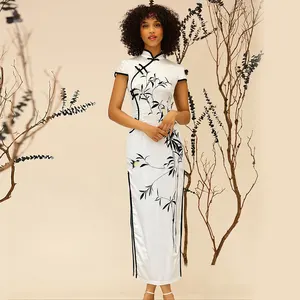 Custom OEM White Qipao Wholesale Elegant Women Short Sleeves Printing Maxi Dress for Luxury Women Clothing Bulk Order Dresses