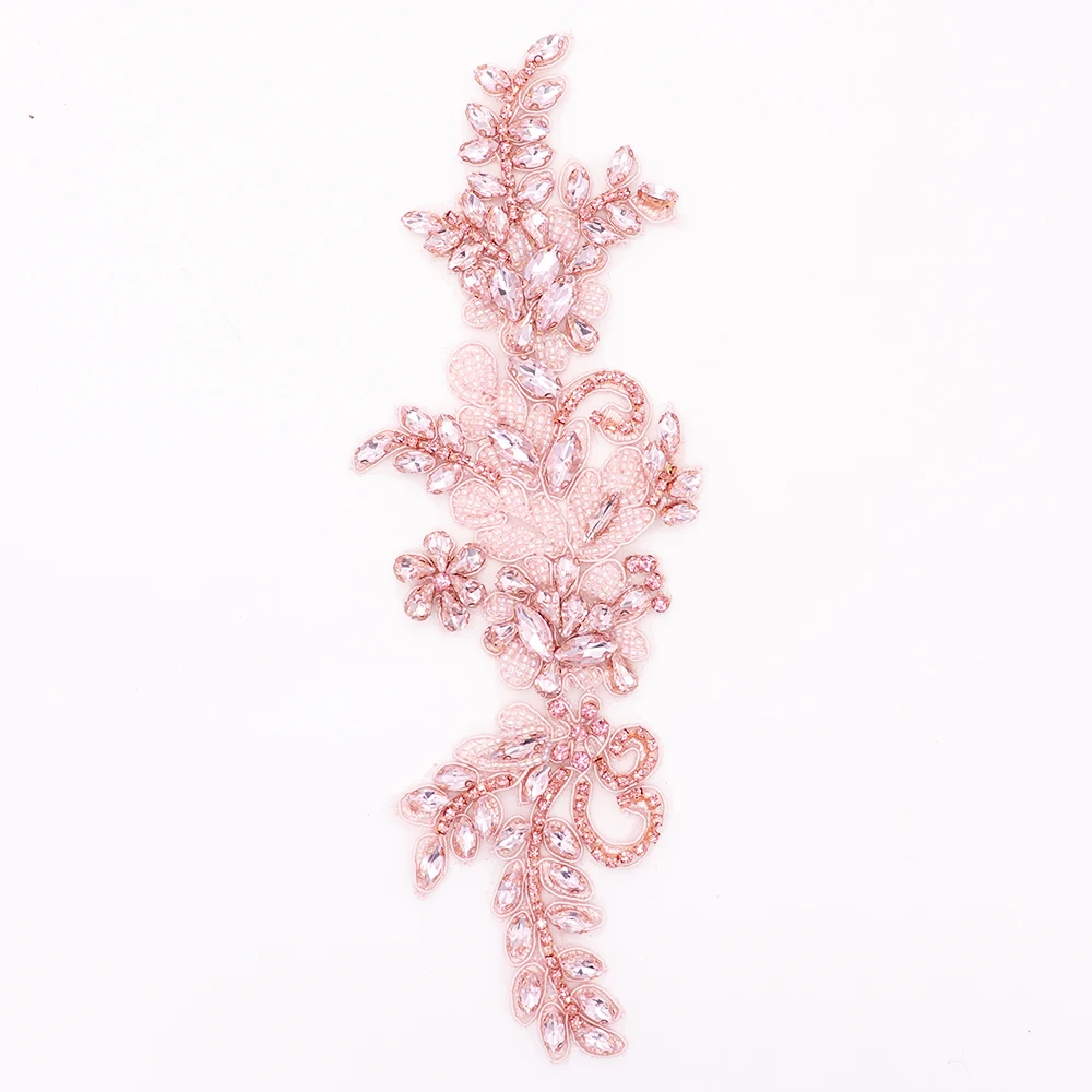 Custom Pink Dress Decoration Patches New Design Delicate Beaded Applique  Sew-On Style with Rhinestones and Beads