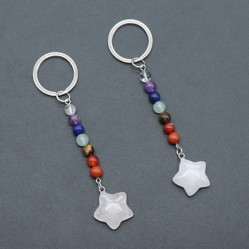 Crystal Star Keychain With 7 Chakra Natural Stone Bead Charm Gemstone Key Ring for Car Wallet Backpack Key Chain