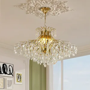 French Adjustable Height Pendant Lamp American Retro Style Luxury Gold Crystal Chandelier for Hotel Living Room