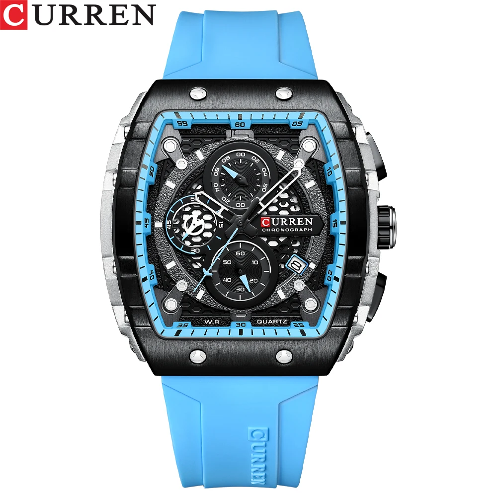 CURREN OEM square Custom Your logo Gift Men Wristwatch Silicone Watch Band Bracelet Chronograph Quartz Watch 8442