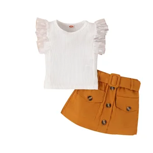 Wholesale Two-Piece Kids Set Casual Solid Pattern Top with Lace Sleeve and Coffee Short Skirt Toddler Girls Clothing