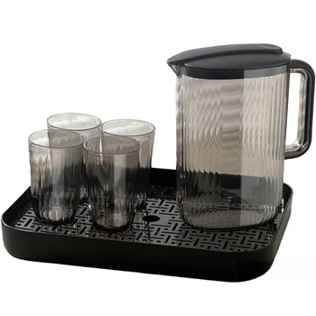 Transparent Plastic Pitcher set with Cups and Draining Tray Carafe Juice Pitcher Water Pitcher Lemon Coffee Tea  Cups and Tray