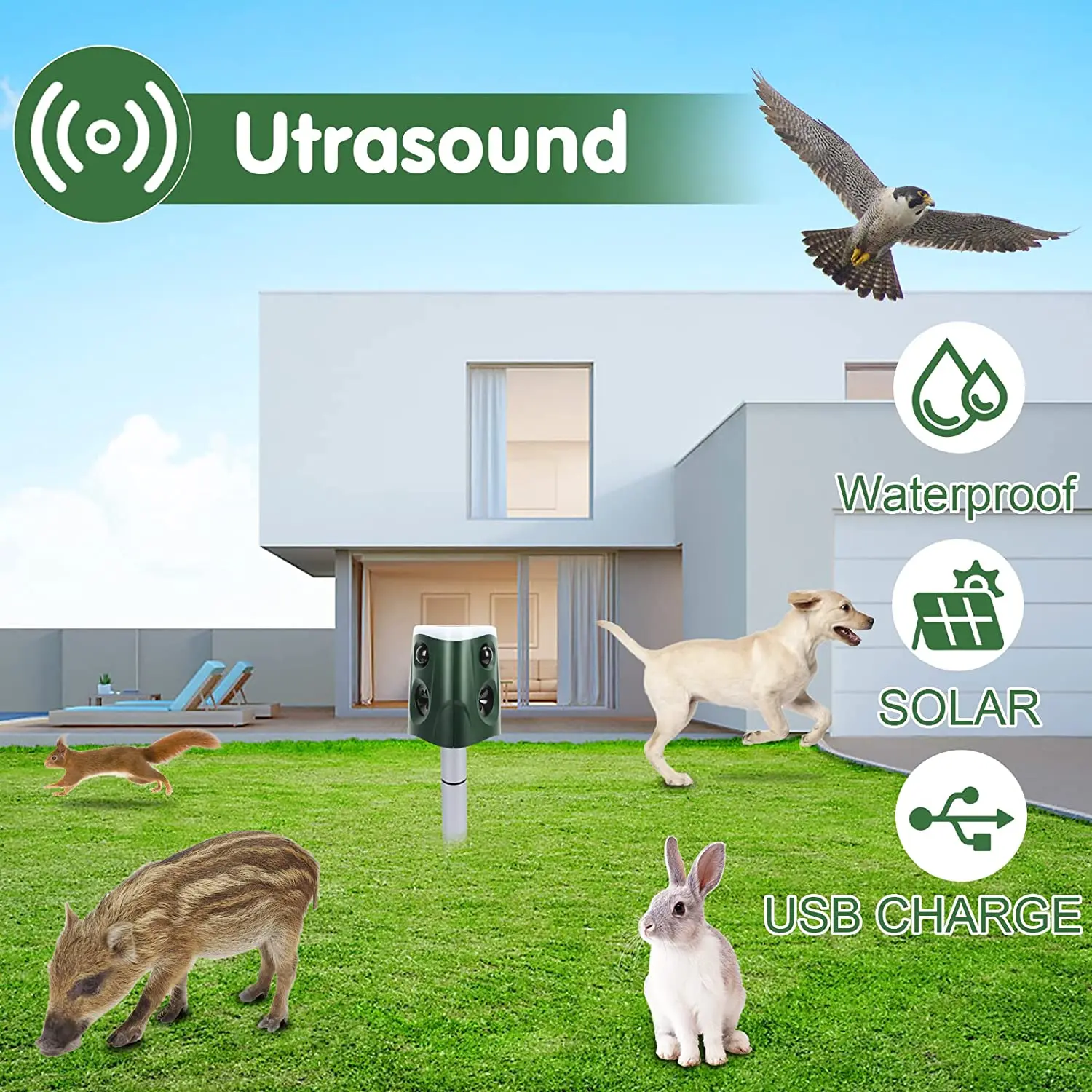 SAIJZEK.Outdoor High Effective 360 Degree Ultrasonic Solar Animal Repeller Tri-face Sonic Bird Cat Dog Deer Bear Solar Repeller supplier