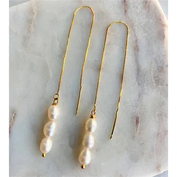 Long Chain Threader Tassel Pearl Earrings Minimalist Jewelry Dainty Drop Earrings