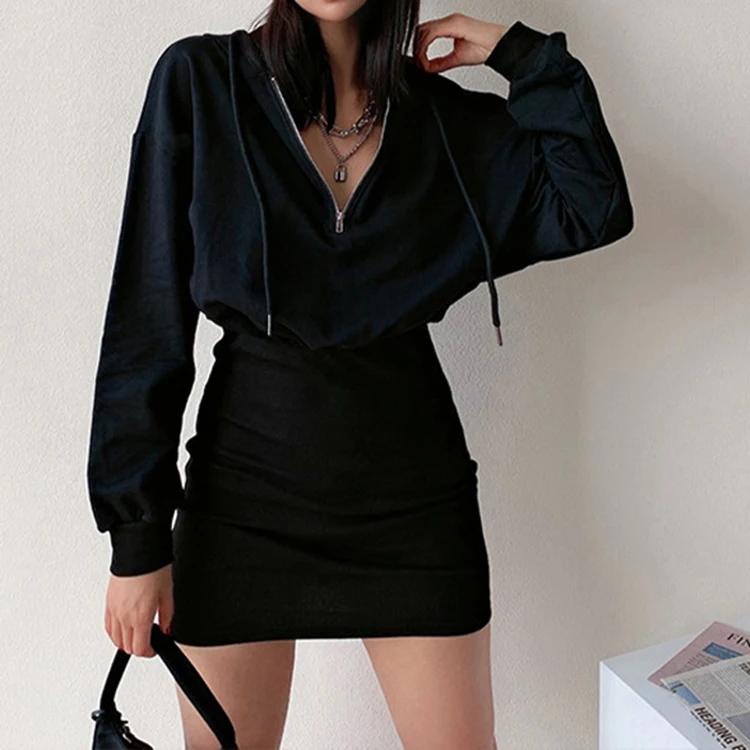K210038 2025 Custom Summer Tight Long Sleeve Hoodie Dress Half Zipper Sexy  Rompers Womens Jumpsuit Skirt