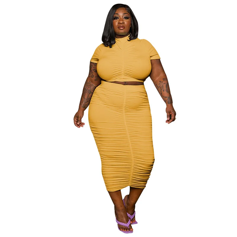 2022 Plus Size Solid Color Round Neck Pullover Short Sleeve Two Piece Fashion Casual Pleated Skirt Ladies Suit for Summer