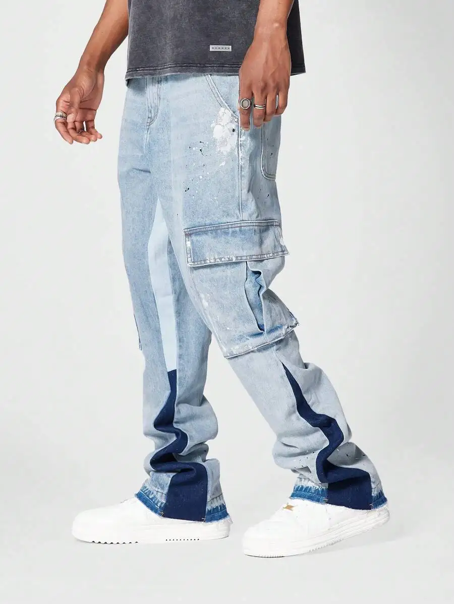 High Quality Streetwear Custom Contrast Color Paint Splatter Slim Flared Jean Stacked Flare Denim Pants Men_voghion.com