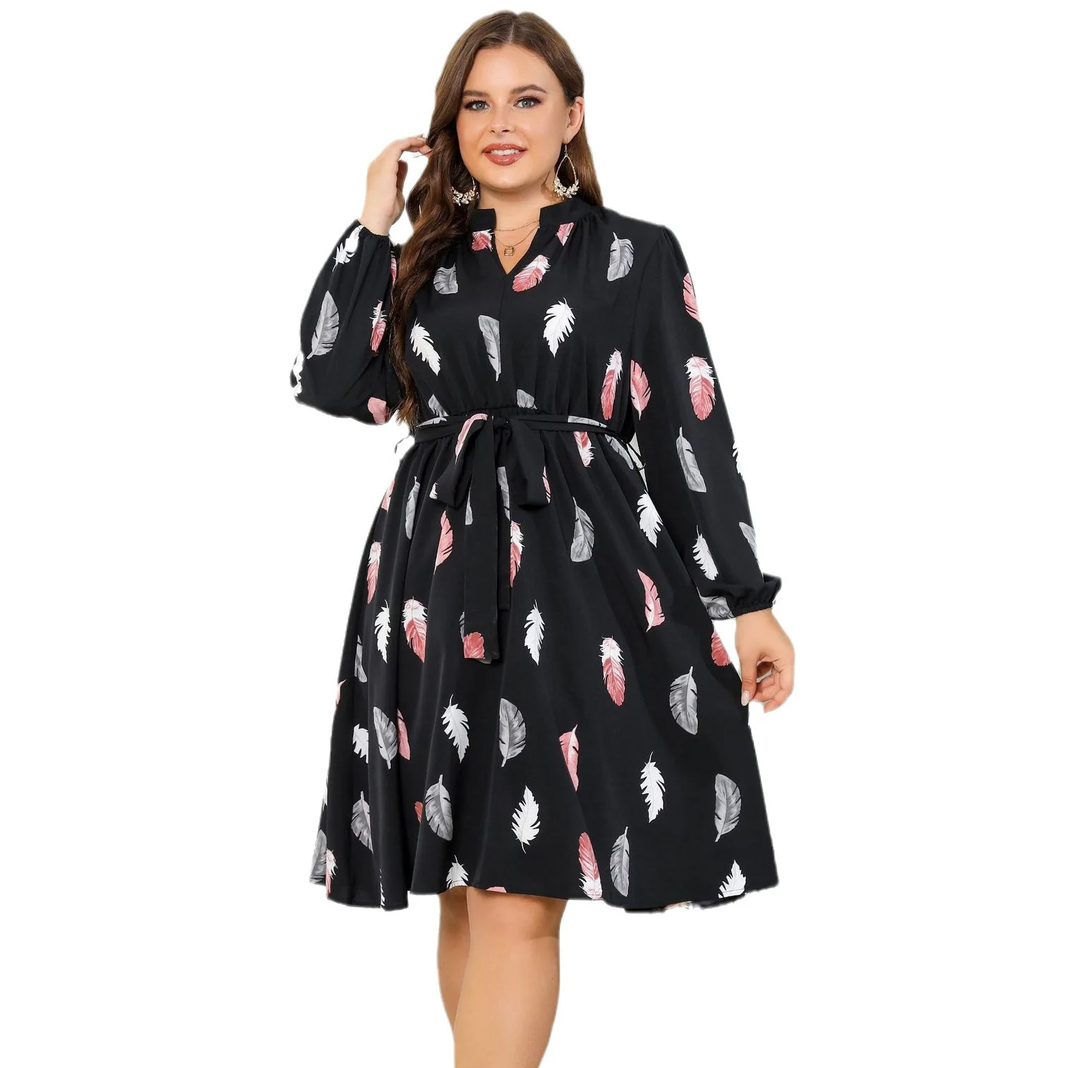 Casual Long Sleeve Belted Dress Short A-line Plus Size Dresses For Fat Women