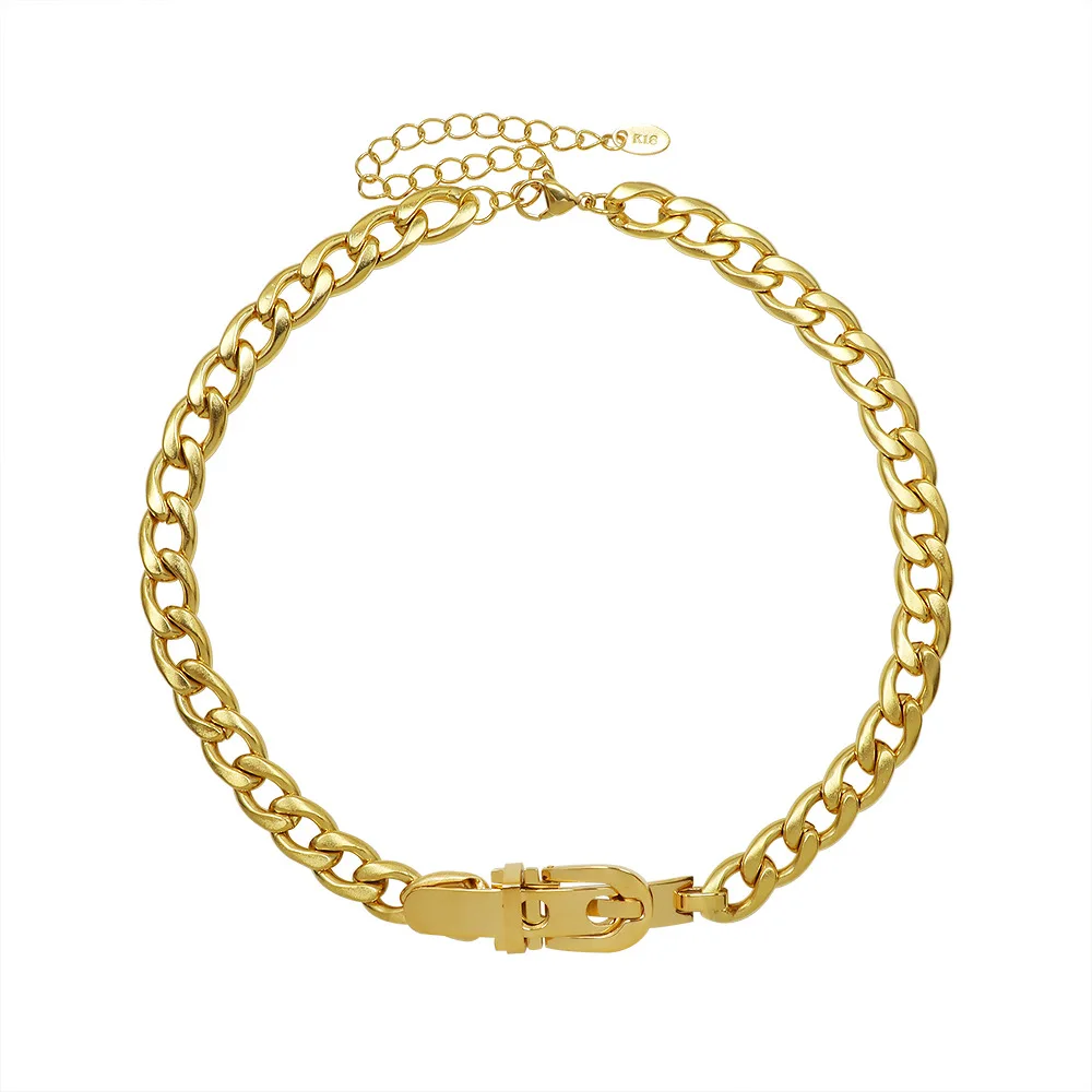 XIXI Chunky Cuban Chain Belt Buckle NK Necklace 18k Gold Plated display picture 1