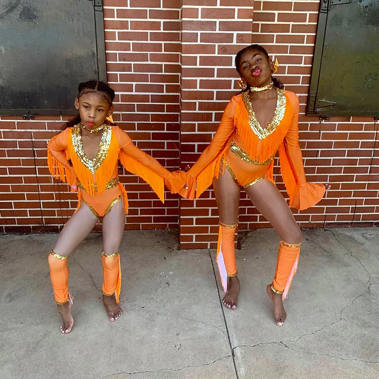Orange Long Sleeve Leotard Majorette Dance Costumes With Fringe Dance