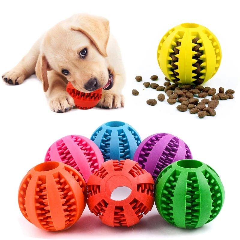 Tough Flexible Rubber Dog Treat Ball Rolling Teething Chew Toy Tooth