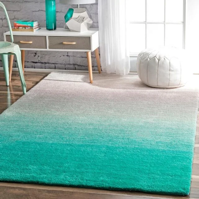Hand Tufted Rug Turquoise Color Gradient Carpet Rug Level Cut Soft Carpet