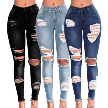 High Quality Women's Denim Hole Skinny Stretchy Pencil Plus Size Jean Pants High Waist Jeans For Women