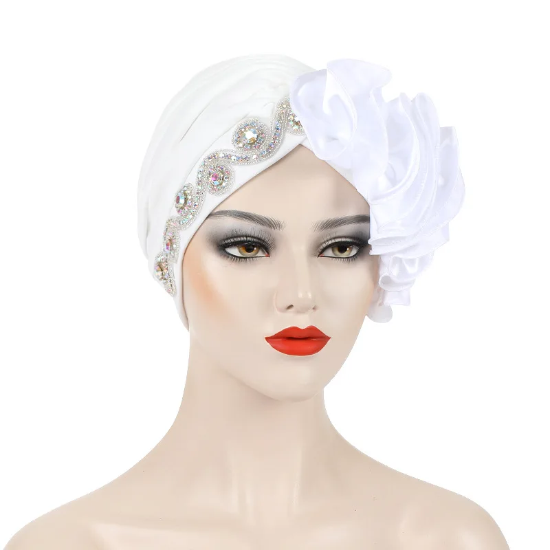 Latest Style Fashion Women Muslim Turban Hat Side Flower Crystal  Accessories for Women