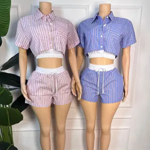 OEM Custom Logo Summer Loungewear for Women Huili Manufacturer's Casual Striped Knitting Top Shorts Skinny Two-Piece Patchwork