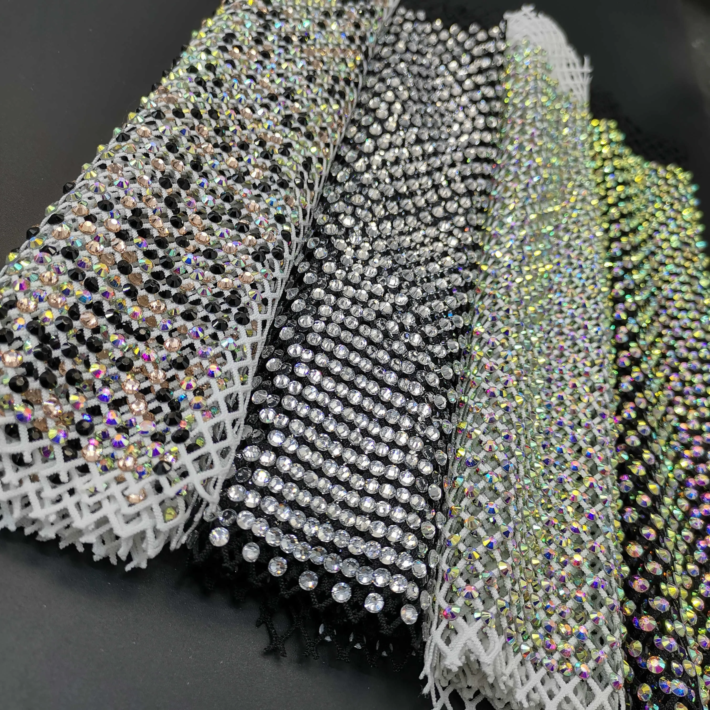 Crystal Elastic Hollow Diamond Mesh AB Glass Rhinestone Trim Fabric 23*40cm Glitter White Lace Wedding Party Fashion 120cm Width