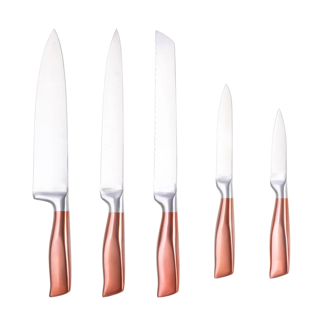 
 Rose-Gold Plated Stainless Steel Hollow Handle Kitchen Knives Set 5 Piece with Acrylic Knife Stand  
