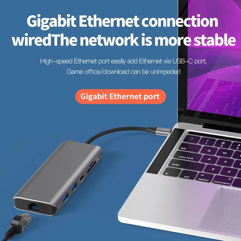 10 In 1 Multi-Port Type C Hub 10 Port USB C USB-C to 8K HDTV Displayport USB-A 3.0 PD100W 1000Mbps Ethernet Audio Hub 10-In-1