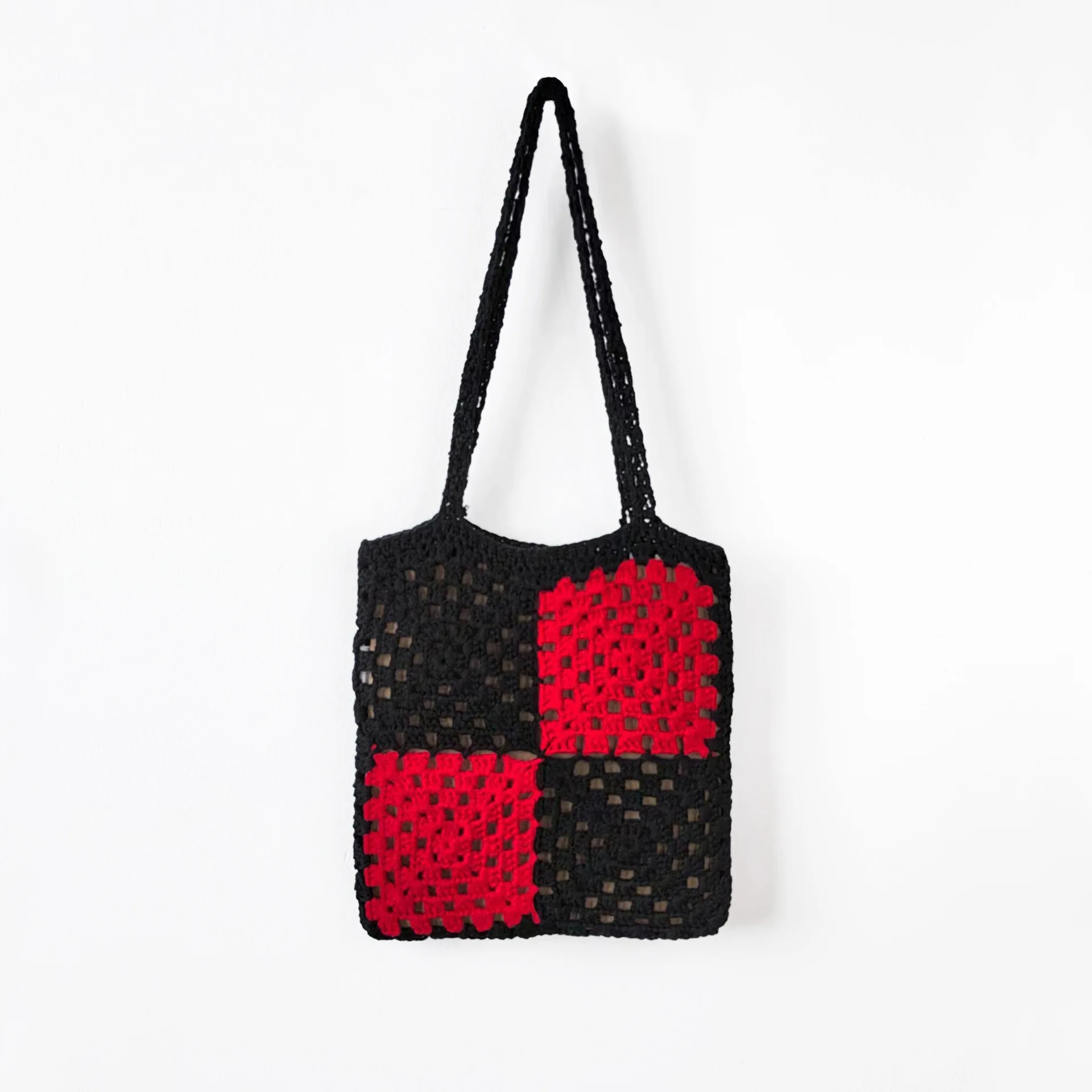 Factory Supply Hand Made Crochet Color Block Shoulder Tote Bag Shopping  Handbag