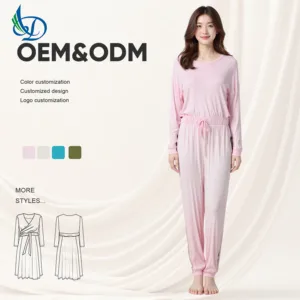High Quality Bamboo Fiber Women's Sleepwear Solid Color Spring Casual Long Sleeved Elastic Waist Casual Breathable and Warm