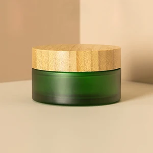 100gram 100 ml Unique Cosmetic Package Matt Green Frosted Glass Jar Bamboo Lid Plastic Cap for Skin Care Face Cream Mascara