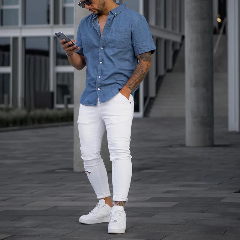 RNSHANGER Mens Short Sleeve Denim Shirt - Casual & Comfortable