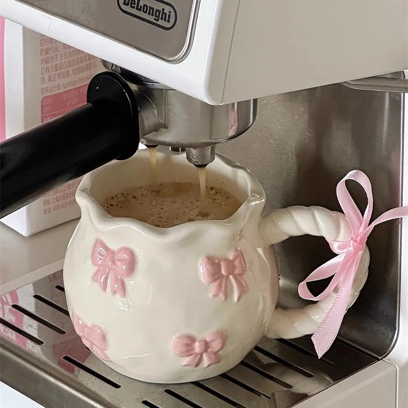 Factory Directly Sell Ins Cute Embossed pink Bow Ceramic Coffee Cup Girl Heart Princess Gift Mug