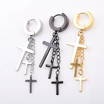 arete de cruz hombre con aretes-de-cruz-hombre stainless steel triple double chain cross studs dangle earrings men