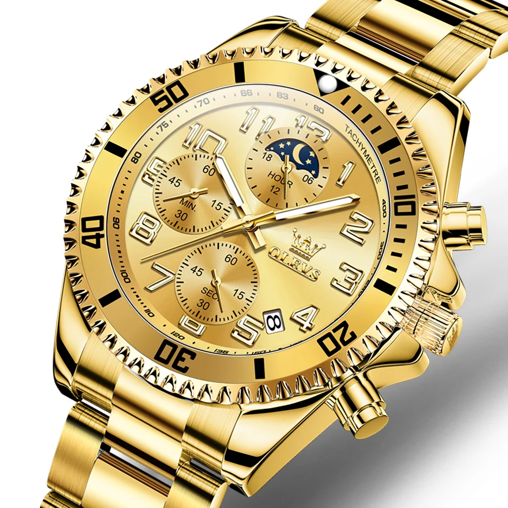 OLEVS 2926 Popular Golden Men Quartz Watch Cool Steel Strap Luminous Chrono Advertising Business Watch Company