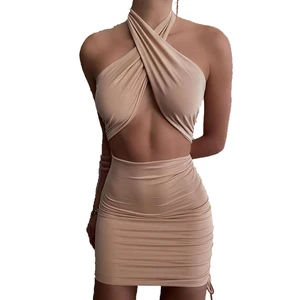 Hot Sell Stretch Solid Color Backless Halter Shirred Clothing Women Sexy Club Party Bodycon Dresses