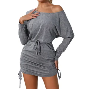 A8972 Women's Long Sleeve Ruched Round Neck Dolman Sleeve Drawstring Dresses