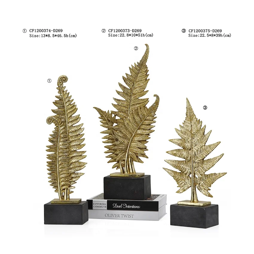 Tropical resin fern tree gold leaf plant sculpture decorations for home