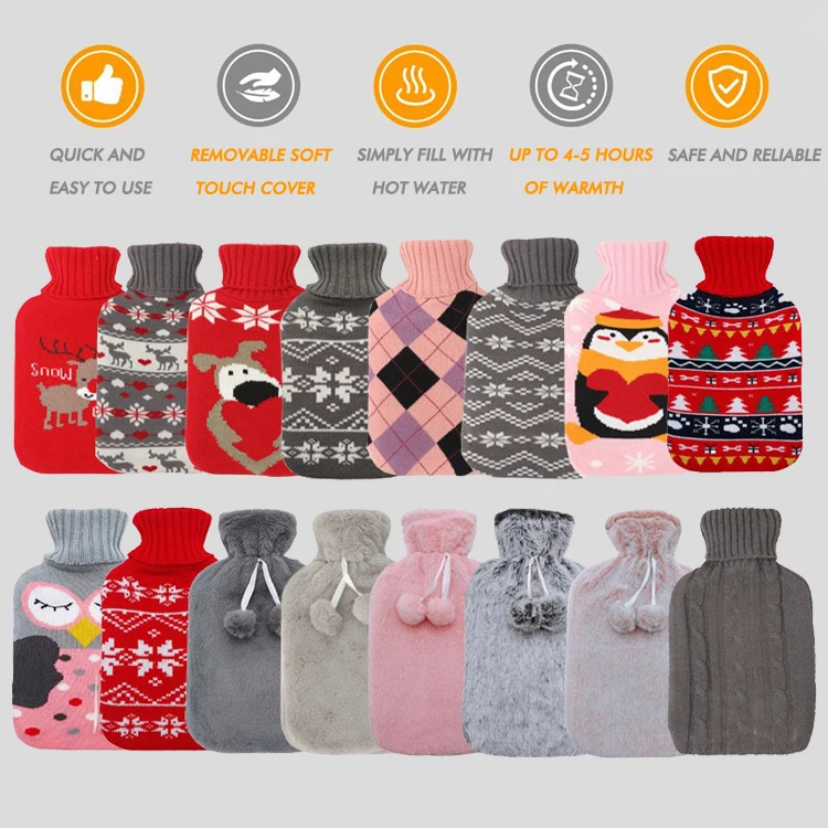 custom logo hot water bag 2000ml hand warmer wholesale reusable hot water bottle knitted cover for painful periods