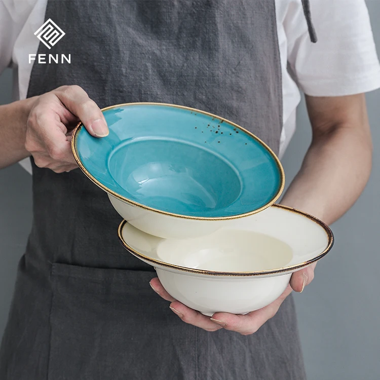 FENN wholesale healthy glazed porcelain bowls hat shape hotel restaurant used deep plate and spoon for home and kitchen