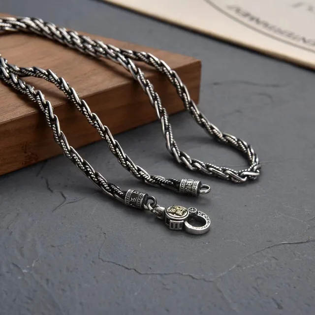 4mm twist necklace S925 Silver six character creative retro Vangarod spring buckle pure hand woven twisted silver chain