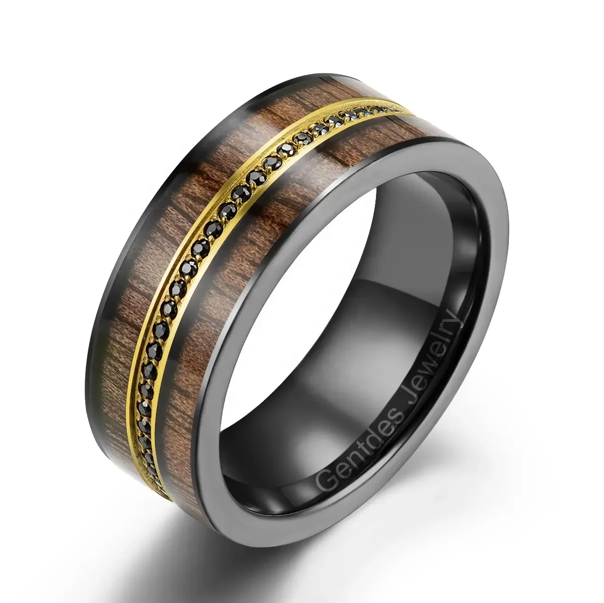 Gentdes Jewelry 8mm Black & Gold  Wedding Ring Walnut Wood Veneer Black Stone Inlay Titanium Rings Fashion Jewelry