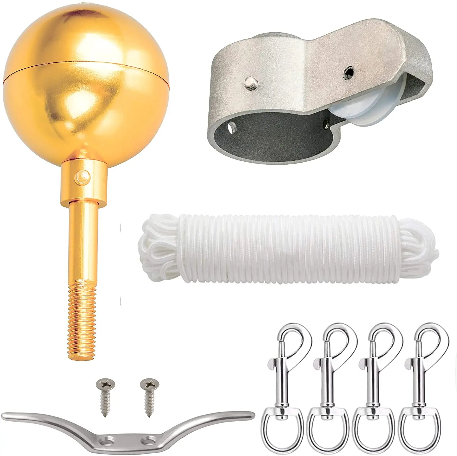Flag Pole Hardware Repair Kit 2"OD Tube Topper Ball Rope Cleat Hook Pulley Truck 