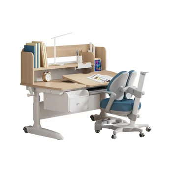 Wholesale Ergonomic Children Height Adjustable Desk and Chair Set with Bookshelf Home Furniture Wood Kids Study Table for Child